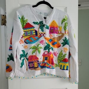 Vintage Design Nation Tropical Beach Vacation Embroidered Cardigan - M
